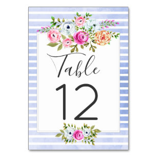 Modern Floral Watercolor Navy Stripes Table Number