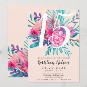 Modern floral watercolor neon pink Quinceanera Invitation