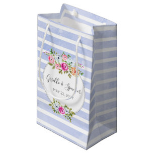 Modern Floral Watercolor Rose Navy Stripe Favour Small Gift Bag