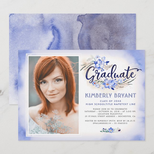 Modern Floral Watercolor Script Graduation Photo Invitation (Front/Back)