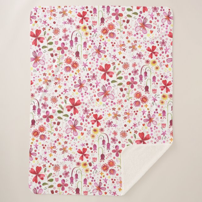 Modern Floral Watercolor Sherpa Blanket (Front)
