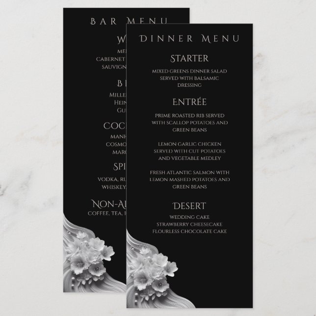 Modern Floral Wedding Black and White- Menu (Front/Back)