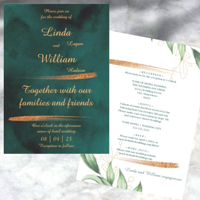 Modern Floral Wedding Dark Green, Gold Text Colour Invitation (Creator Uploaded)