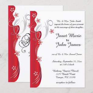 Modern Floral Wedding   Deep Red and Silver Invitation