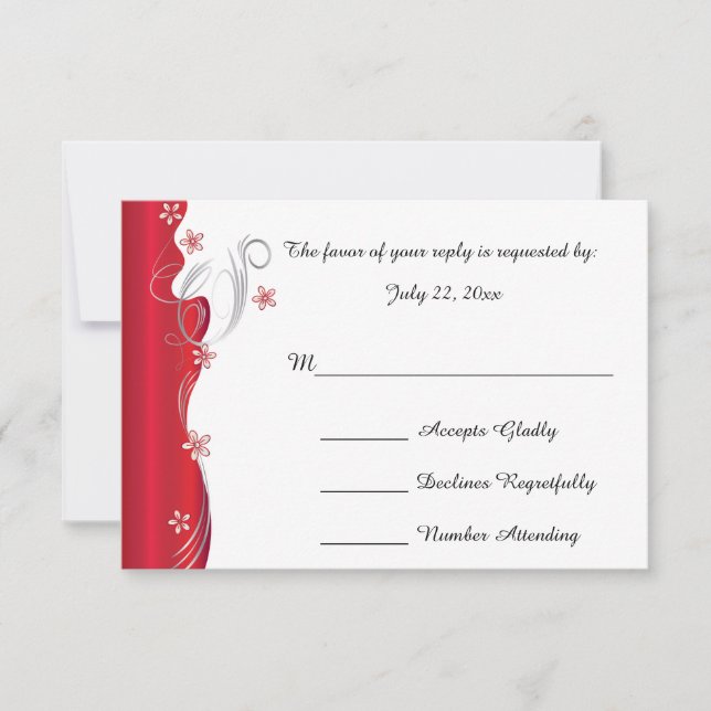 Modern Floral Wedding | Deep Red and Silver RSVP Card (Front)