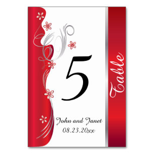 Modern Floral Wedding   Deep Red and Silver Table Number