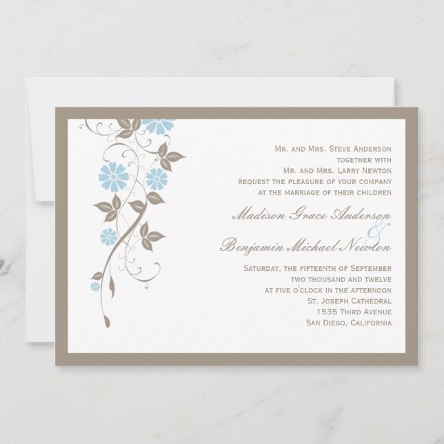 Modern Floral Wedding Invitation - Aqua Blue (Front)