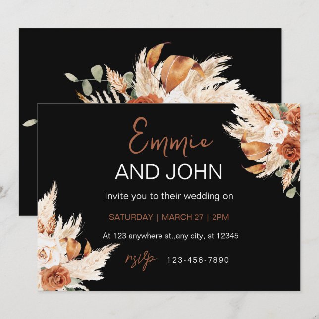 Modern Floral Wedding Invitation – Black Backgroun (Front/Back)