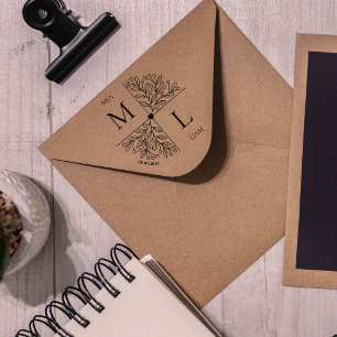 Modern Floral Wedding Monogram  Rubber Stamp