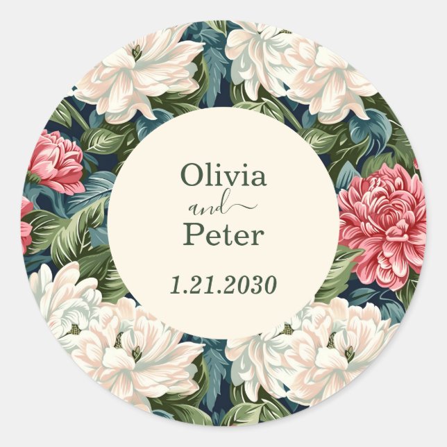 Modern Floral Wedding Pink and White Classic Round Sticker (Front)