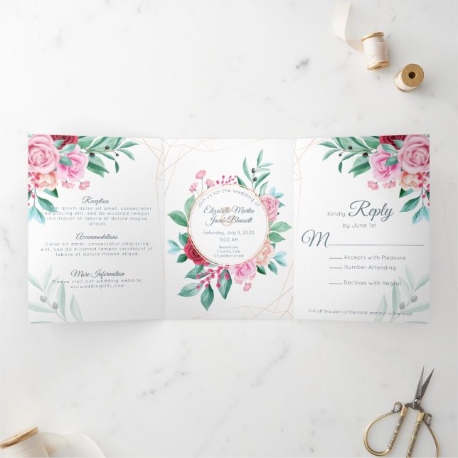 Modern Floral Wedding Pink Rose All in One Wedding Tri-Fold Invitation (Inside)