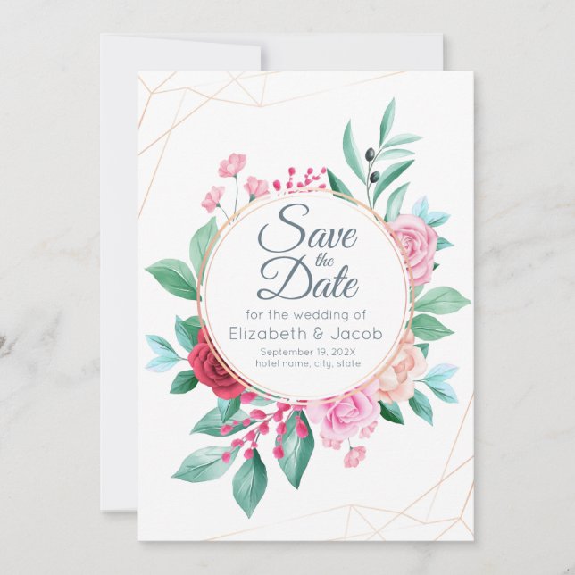 Modern Floral Wedding Pink Roses & Eucalyptus Invitation (Front)