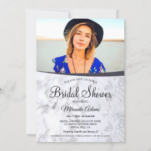 Modern Floral White Marble Photo Bridal Shower Invitation