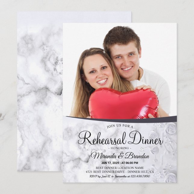 Modern Floral White Marble Photo Rehearsal Dinner Invitation (Front/Back)