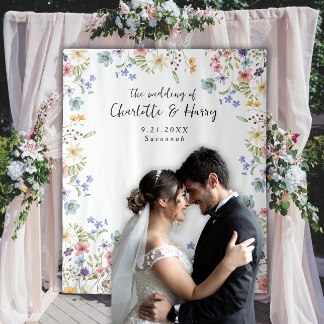 Modern Floral Wildflowers Wedding Photo  Backdrop Tapestry (Creator Uploaded)
