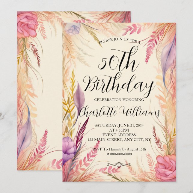 Modern Floral Women 50th Birthday Invitation (Front/Back)
