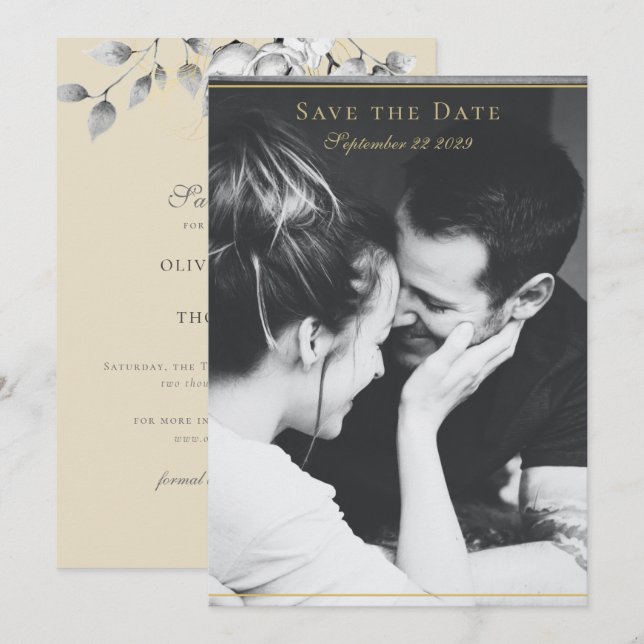 Modern Floral Wreath Black White Gold Wedding Save The Date (Front/Back)