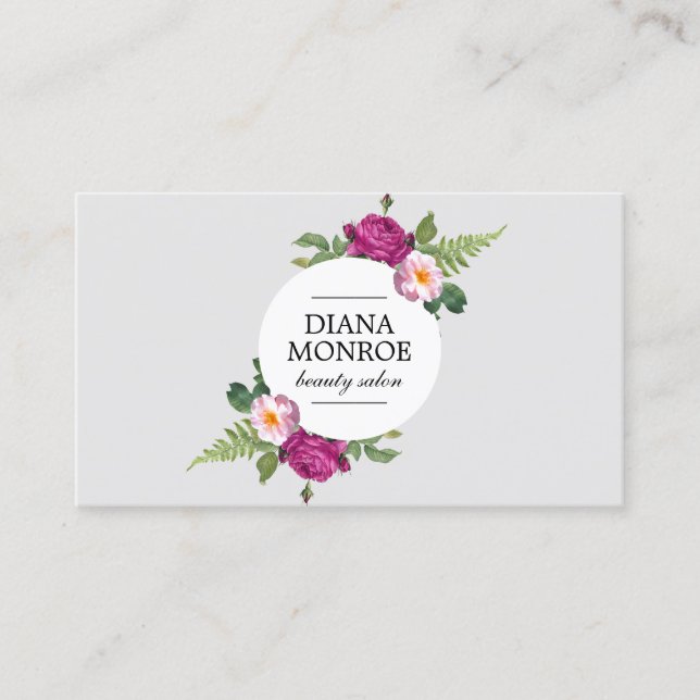 Modern Floral Wreath Grey Salon Business Card (Front)