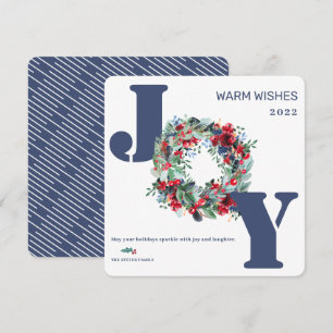Modern floral wreath Merry Christmas Joy blue Holiday Card