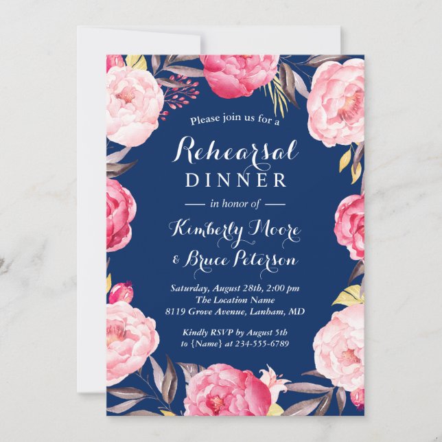 Modern Floral Wreath Navy Blue Rehearsal Dinner Invitation (Front)