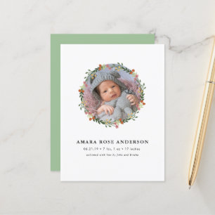 Modern Floral Wreath Photo Birth Announcement Postcard