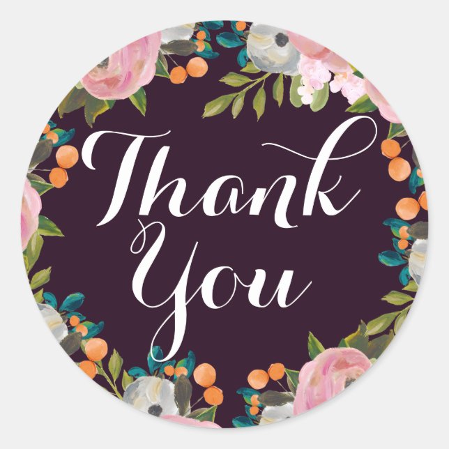 Modern Floral Wreath Purple Thank You Sticker (Front)