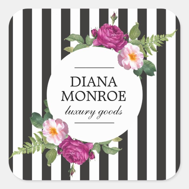 Modern Floral Wreath Striped Square Sticker (Front)