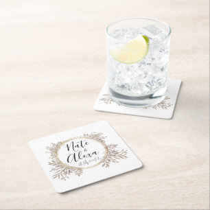  Modern Floral Wreath Wedding Personalised  Square Paper Coaster