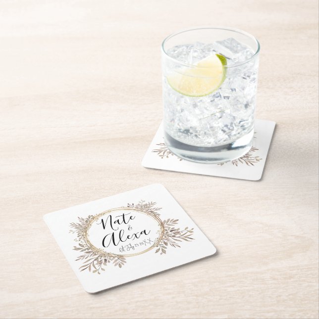  Modern Floral Wreath Wedding Personalised  Square Paper Coaster (Insitu)