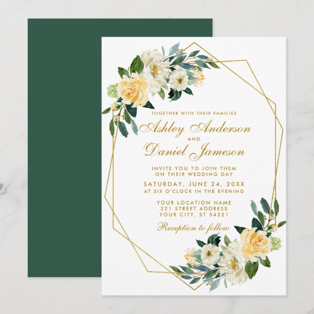 Modern Floral Yellow Green Gold Geometric Wedding Invitation (Front/Back)