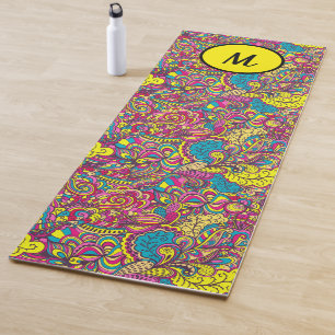 Modern Floral Yoga Monogram Yellow Turquoise Mat