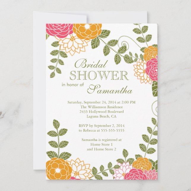 Modern Floral  Zinnia & Mums Flower Bridal Shower Invitation (Front)