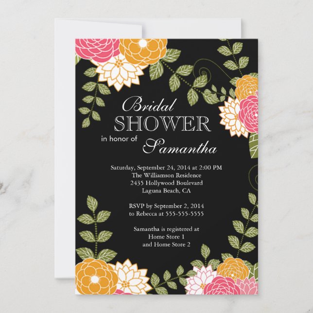 Modern Floral  Zinnia & Mums Flower Bridal Shower Invitation (Front)