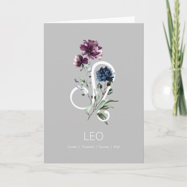 Modern Floral Zodiac Star Sign Leo Birthday Card (Front)