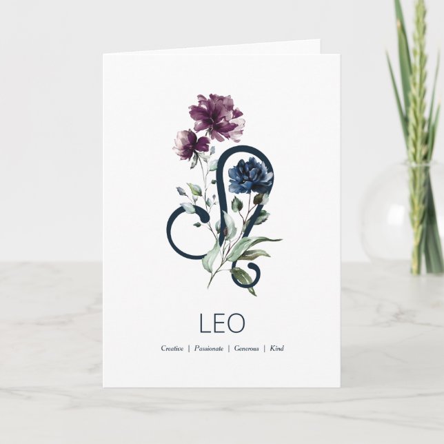 Modern Floral Zodiac Star Sign Leo Birthday Card (Front)