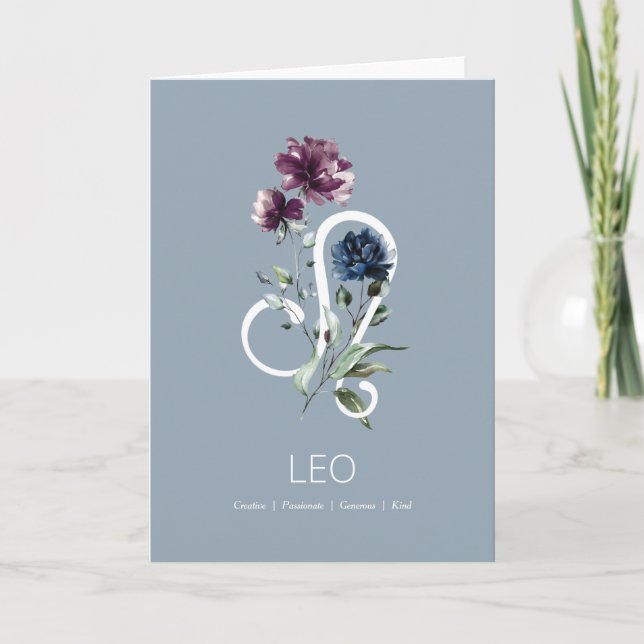 Modern Floral Zodiac Star Sign Leo Birthday Card (Front)