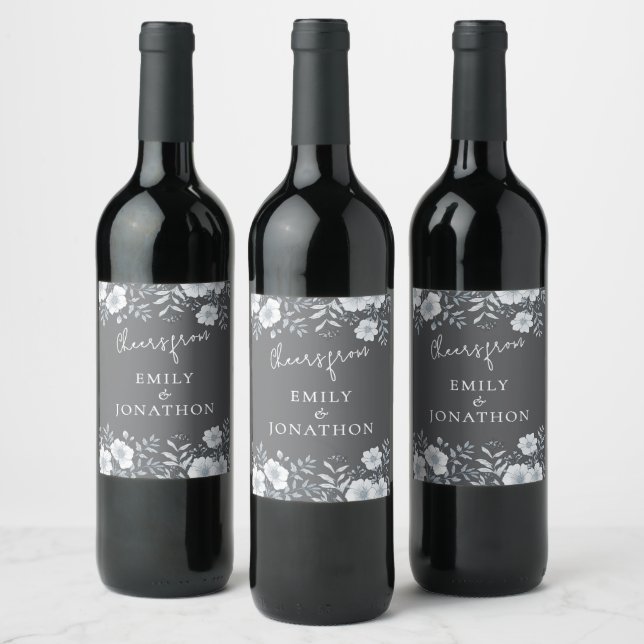 Modern Florals Cheers From Newlyweds Wedding Grey Wine Label (Bottles)