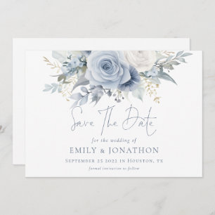 Modern Florals Dusty Blue Text QR Code Wedding Save The Date