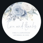 Modern Florals Love Thanks Dusty Blue Wedding Classic Round Sticker<br><div class="desc">Modern Florals Love Thanks Dusty Blue Wedding Beautiful summery light blue florals decorate the top,  and Love and Thanks is in a set informal handwritten style in a coordinating blue. Easily personalise your names and wedding date.</div>