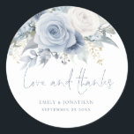 Modern Florals Love Thanks Dusty Blue Wedding Classic Round Sticker<br><div class="desc">Modern Florals Love Thanks Dusty Blue Wedding Beautiful summery light blue florals decorate the top,  and Love and Thanks is in a set informal handwritten style in a coordinating blue. Easily personalise your names and wedding date.</div>
