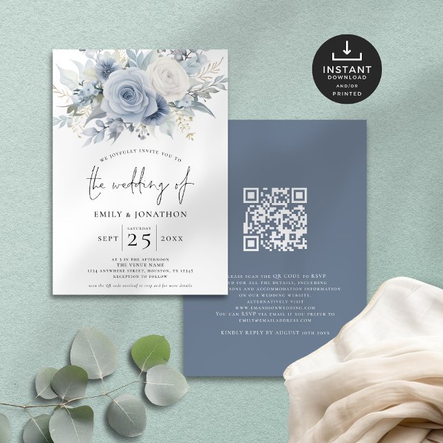 Modern Florals QR Code Dusty Blue Wedding Invitation (Front and back view)