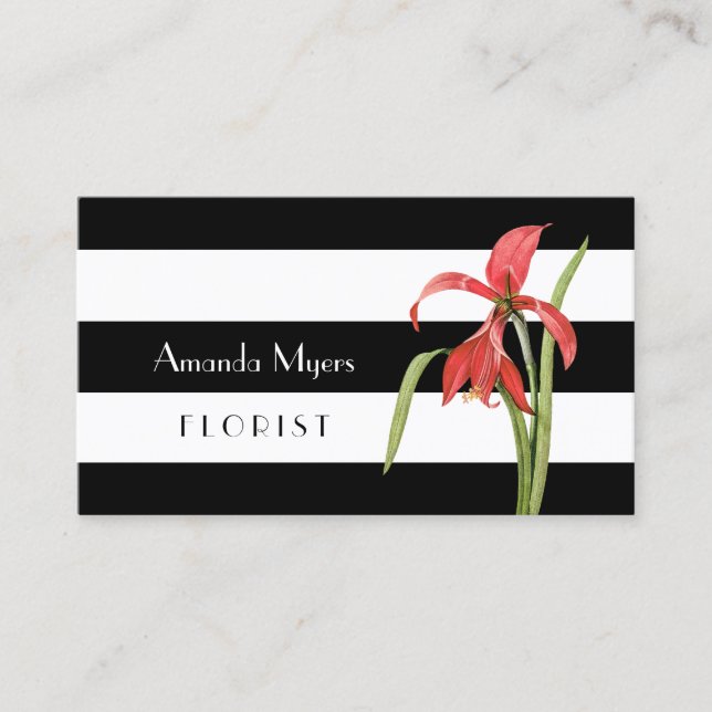 Modern Florist Black White Stripes With Amaryllis Business Card (Front)