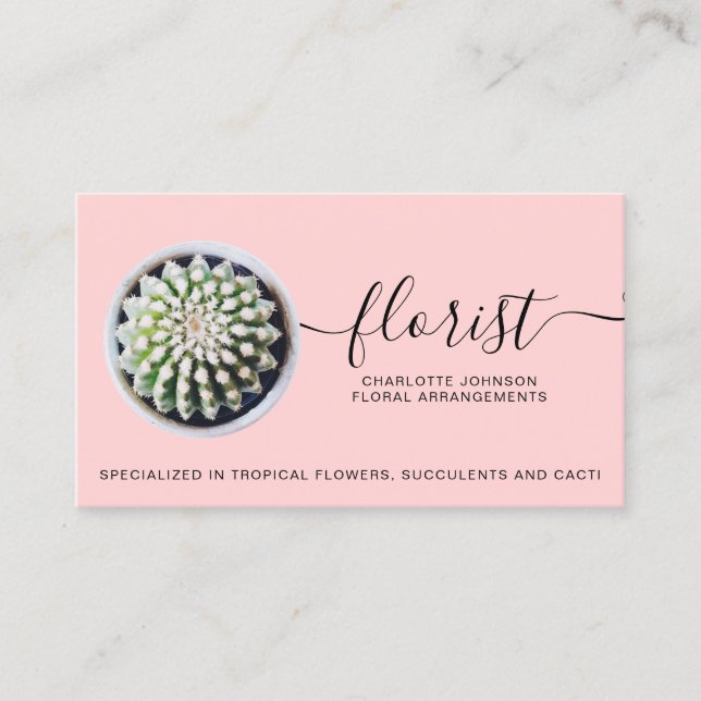 modern florist script tropical cactus photo pink business card (Front)