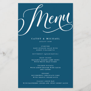 Modern Flourish Script, Dark Blue Paper Menu