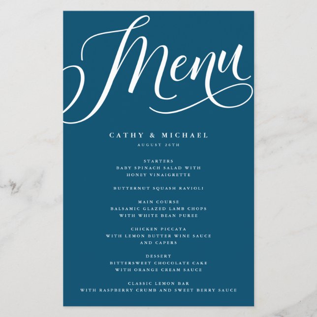 Modern Flourish Script, Dark Blue Paper Menu (Front)