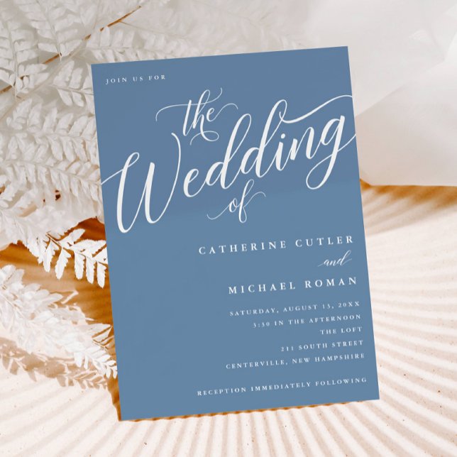 Modern Flourish Script, Dusty Blue Wedding Invitation (Creator Uploaded)