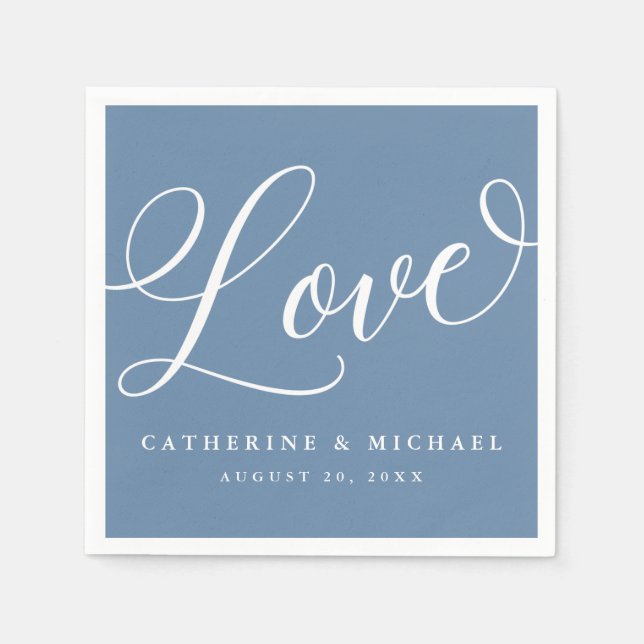 Modern Flourish Script, Love, Dusty Blue Napkin (Front)