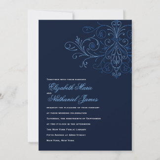 Modern Flourish Wedding Invitation Dark Blue