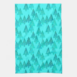 Modern flower Christmas trees - aqua & peacock Tea Towel