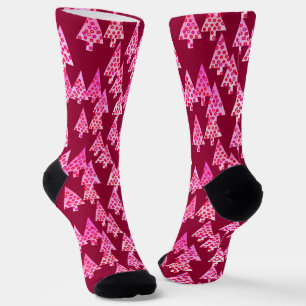 Modern Flower Christmas Trees, Burgundy & Pink Socks